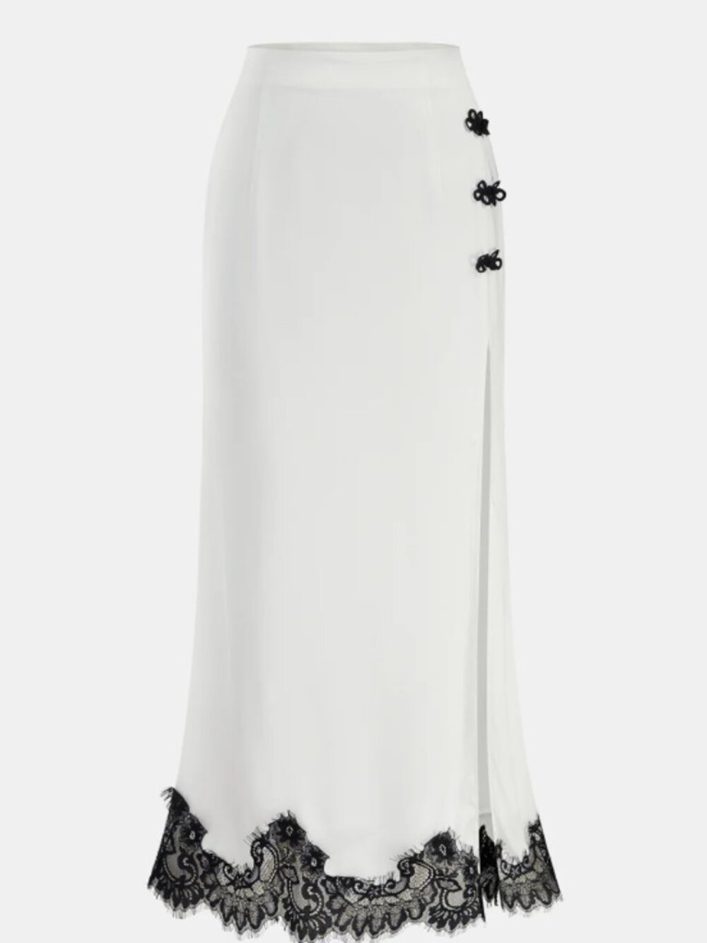 Knot Button Satin Lace Split Maxi Skirt